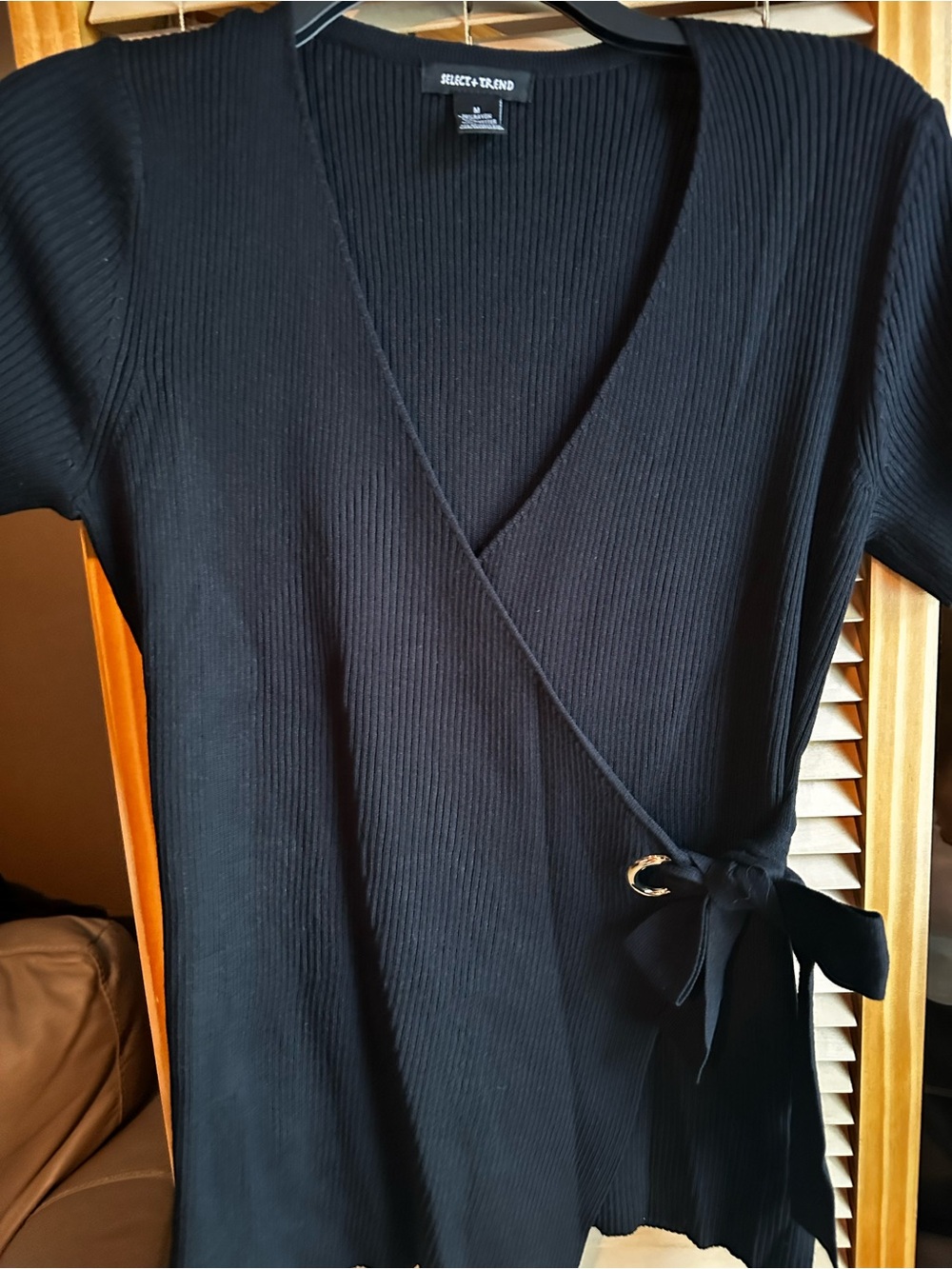 Black Ribbed Wrap Tunic Top with Side Tie